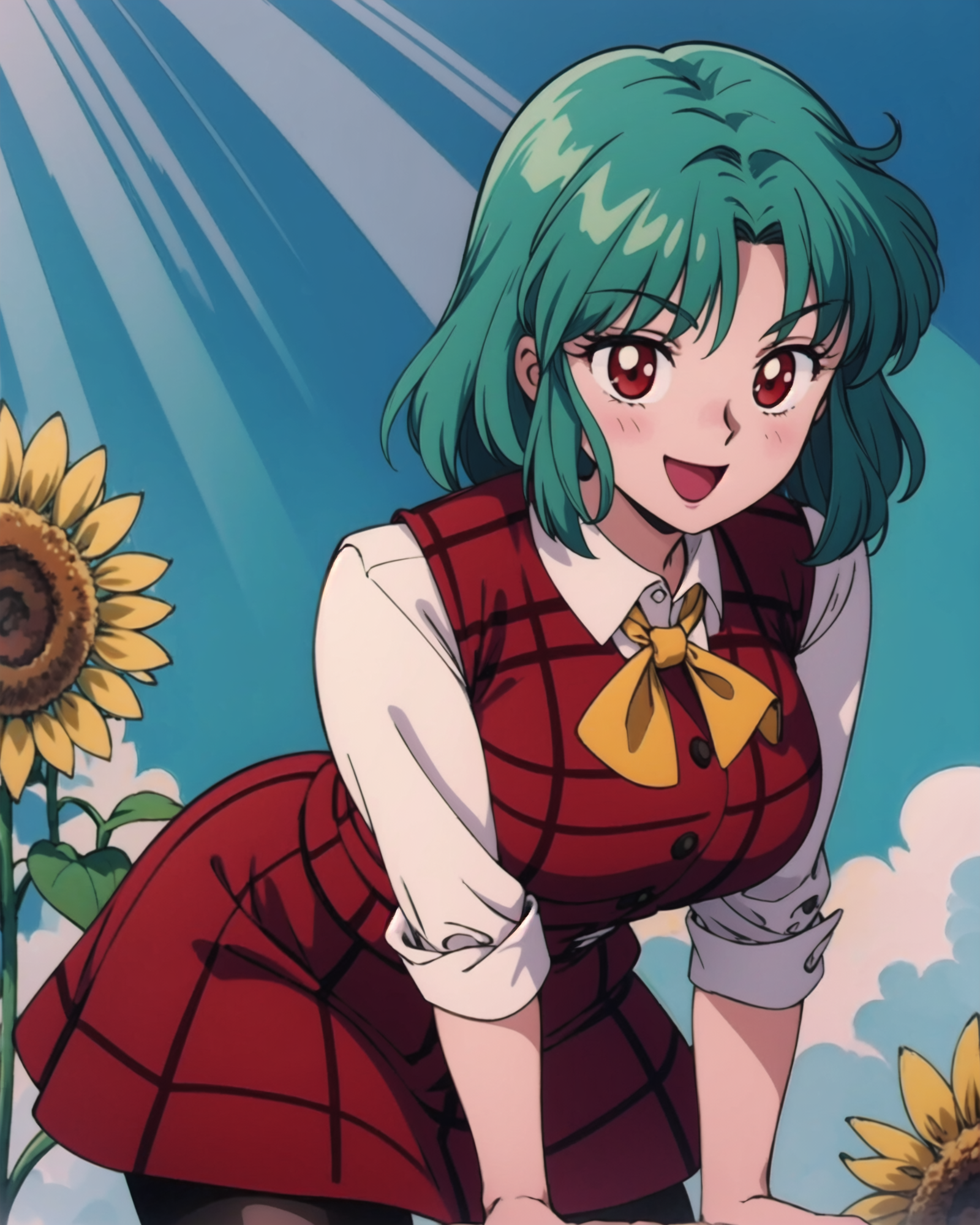 00978-753533603-, YuukaKazami, _D, red eyes, mature female, leaning forward, large breasts, close up, dutch angle, green hair, YuukaRedPlaidOutf.png